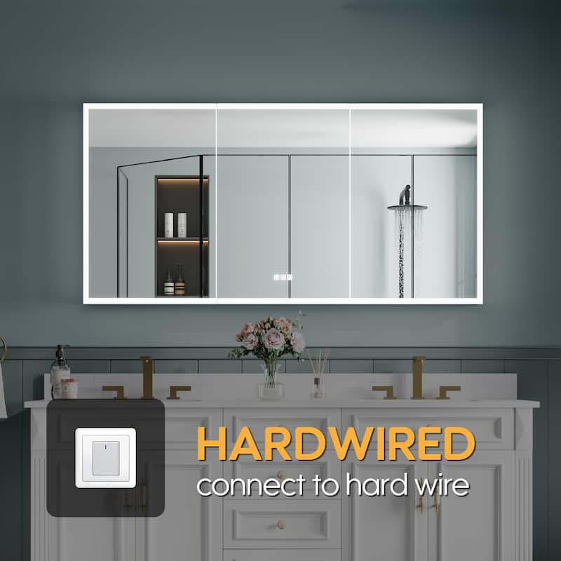 30'' H Recessed or Surface Frameless LED Mirror Cabinet With Defogger, Dimmer, Outlets & USB Ports 