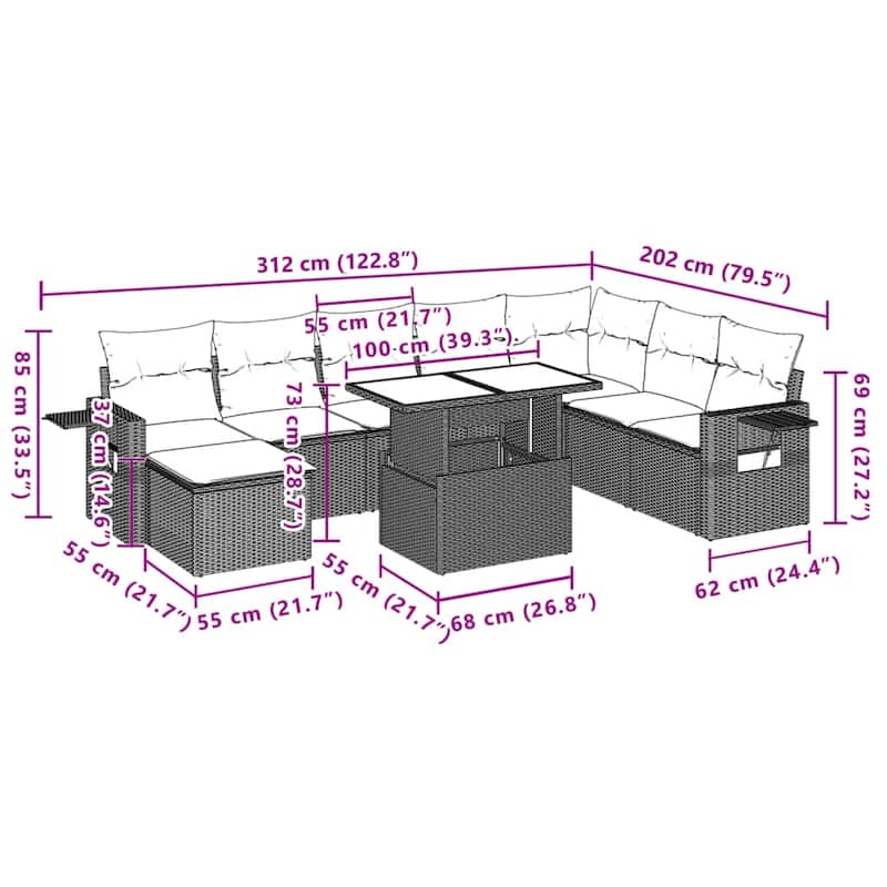 vidaXL Patio Sofa Set with Cushions Outdoor Furniture 9 Piece Poly Rattan