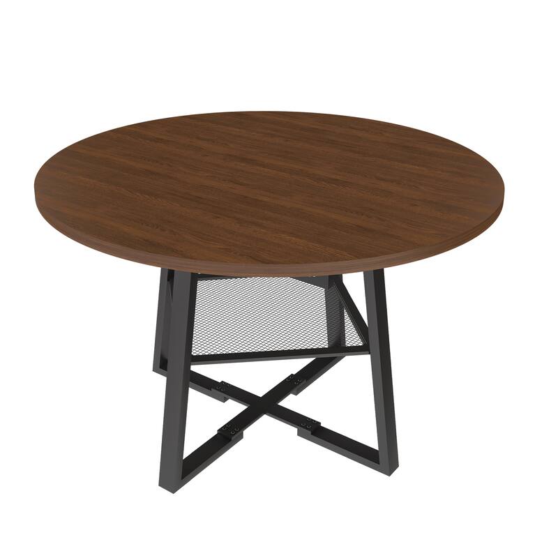 Extendable Round Dining Table, Kitchen Table with Open Wire Grid Shelf, Meeting Table for 4-8 People