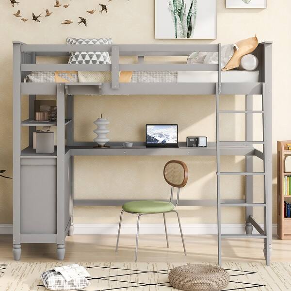 slide 2 of 15, Kid-Friendly Design Twin Size Loft Bed with Desk and Drawers