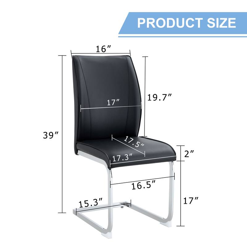 Luxury Simple Arch Chair - Set of 4, Black PU Material High Resilience Dining Chair, with Arched Metal Silver Leg