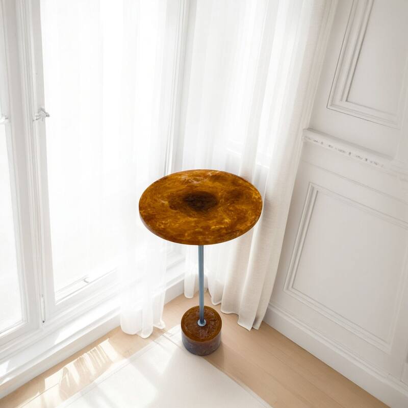 Amber Glow Pedestal Accent 25" Round Resin Side Table with Nickel Base - Modern, Compact, Durable - Brown