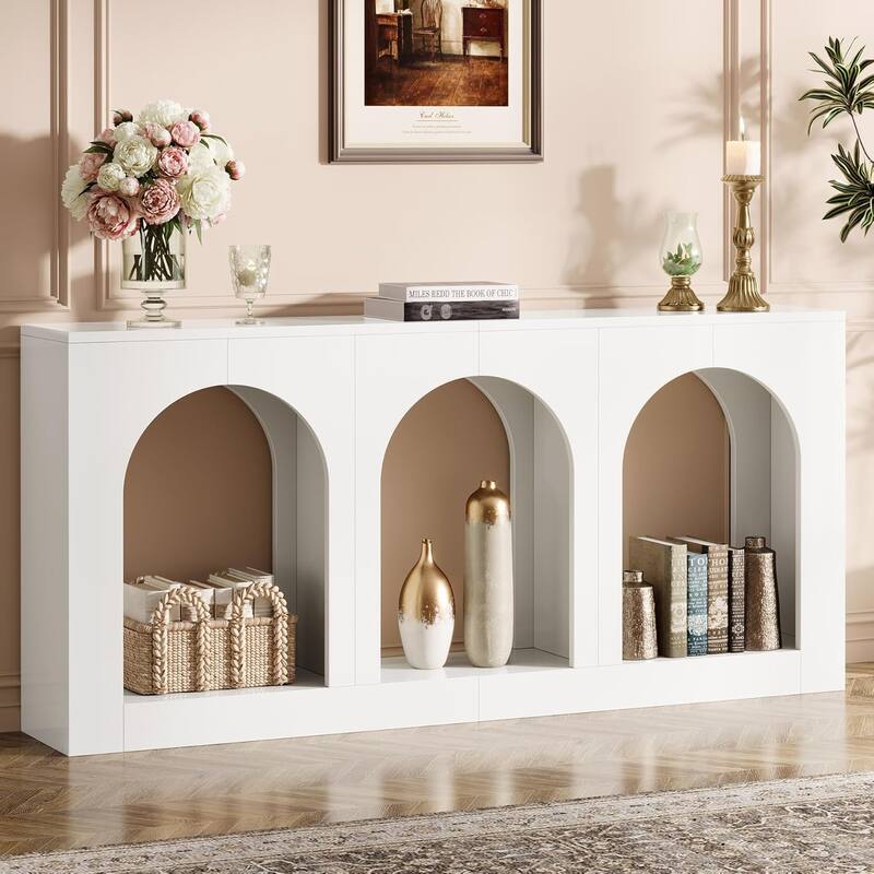 70.9" Console Table with Storage, Wood Entryway Table with 3 Arched Shelves - 11.8"L x 70.9"W x 35.4"H