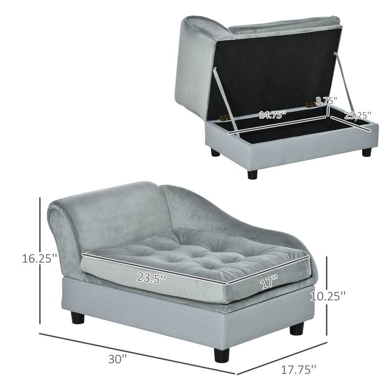 Luxury Fancy Dog Bed for Small Dogs with Hidden Storage, Small Dog Couch with Soft 3" Foam, Dog Sofa Bed, Cushy Dog Bed - Gray