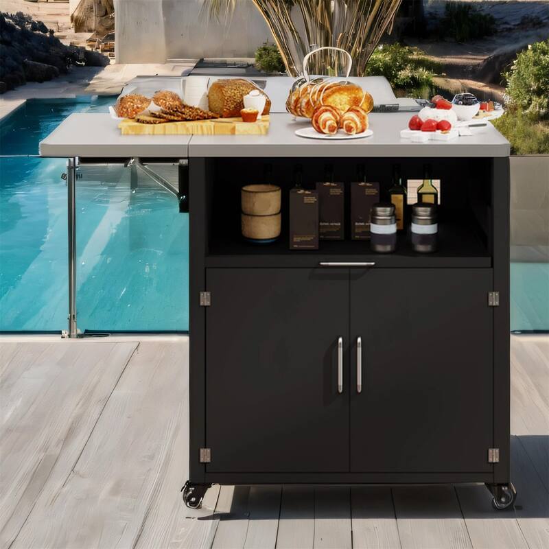 Outdoor Kitchen Cabinet with Foldable Steel Worktop, Wheels & Drawer