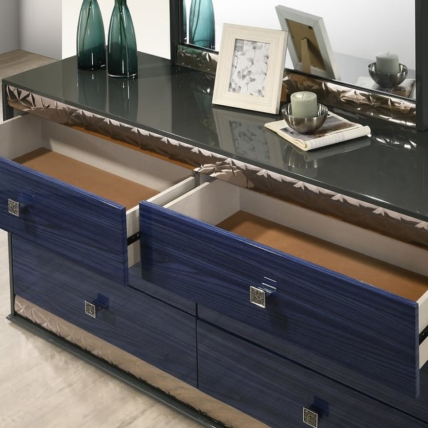 Furniture of America Luzen Glam 2-Piece Ash Grey and Indigo Blue Wood 6-Drawer Dresser and Mirror Set