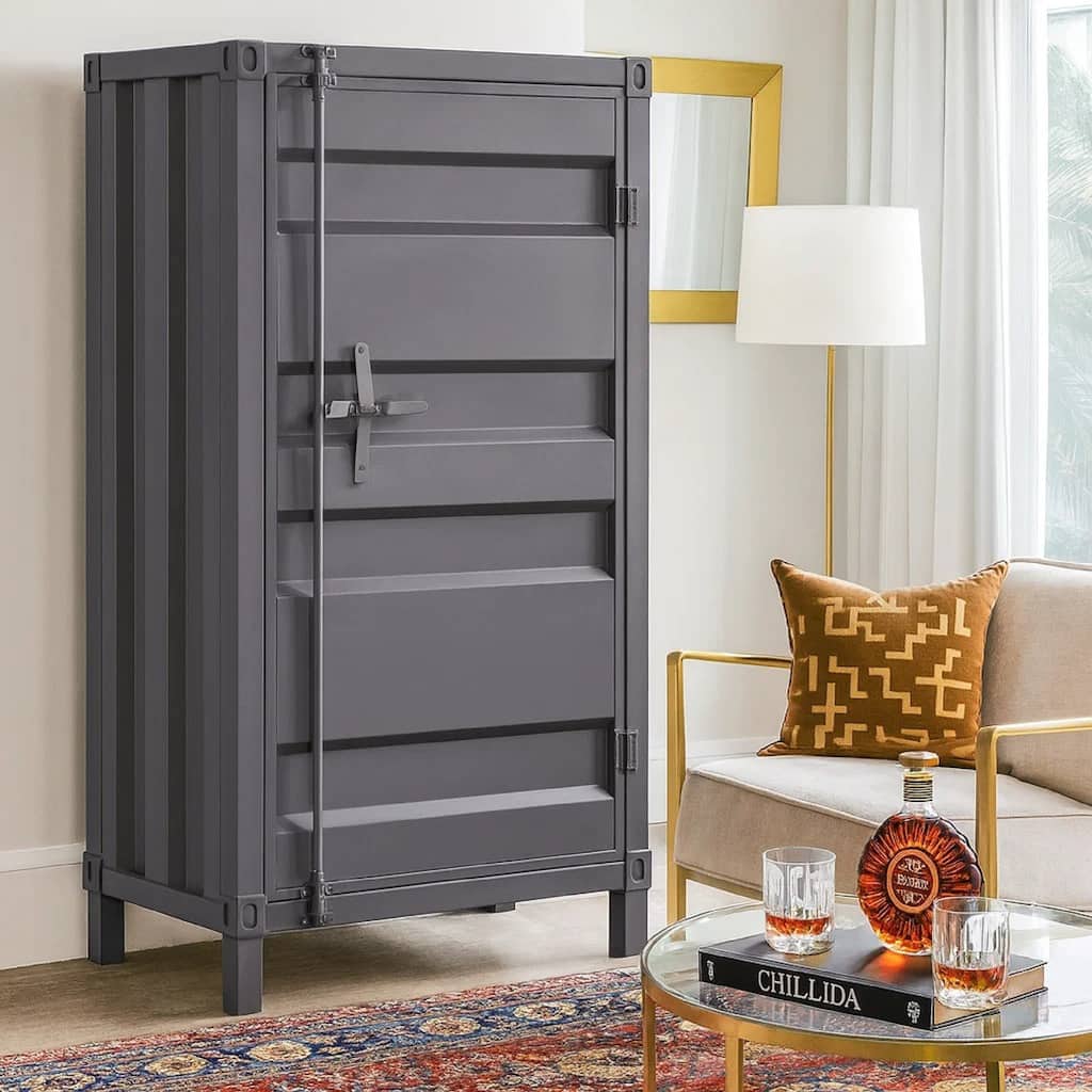 Industrial Style Metal Chest with Recessed Door Front, Gray
