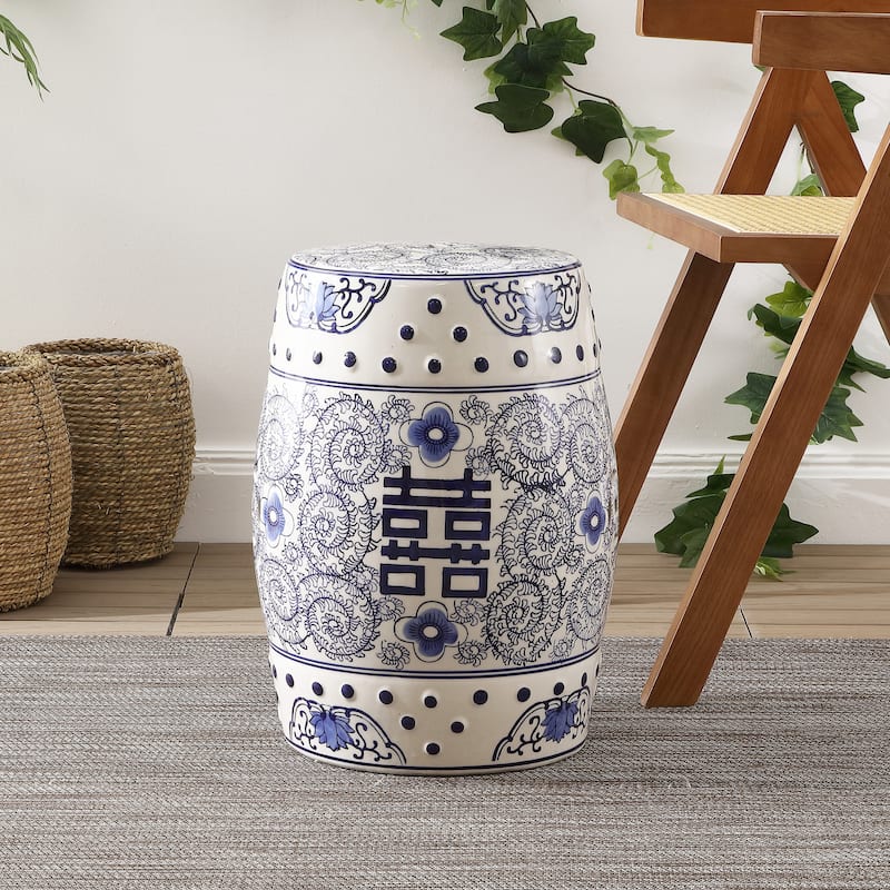 Double Happiness 18" Chinoiserie Ceramic Drum Garden Stool, Blue/White