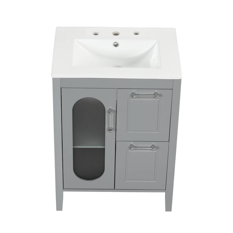 Freestanding Vanity for Bathroom with Ceramic Sink, Glass Cabinet Door, Drawers, Acrylic Bar Handles and Adjustable Shelf