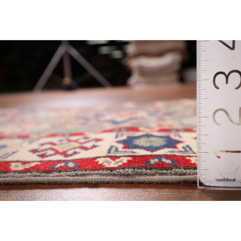 Geometric Kazak Runner Rug Hand-Knotted Oriental Grey Wool Carpet - 2'2" x 19'2"