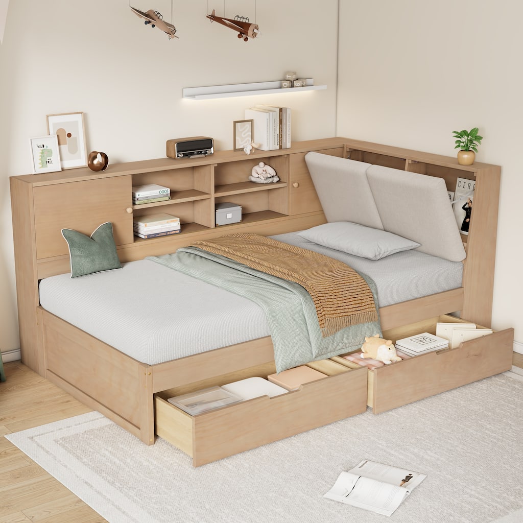 Wooden Full Size L-shaped Daybed Corner Bed Under-bed Drawers with Storage Bookcase and Upholstered Headboard