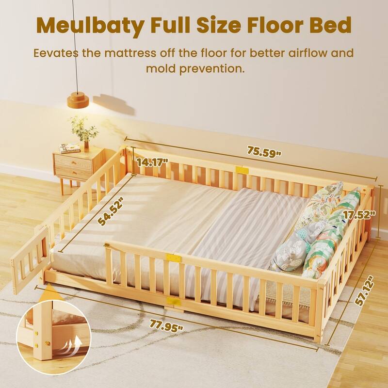 Toddler Floor Bed, Montessori Floor Bed with Rails and Lockable Door