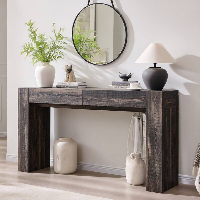 Modern Entryway Console Table, Thick Wood Sofa Table with Drawers - Black