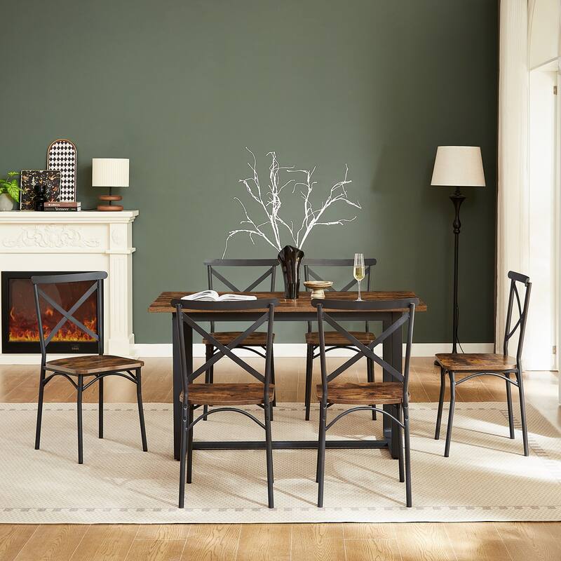 Retro Industrial Style Dining Table Set with X-Shaped Frame Backrests, for Living Room and Kitchen, 7-Piece Set.