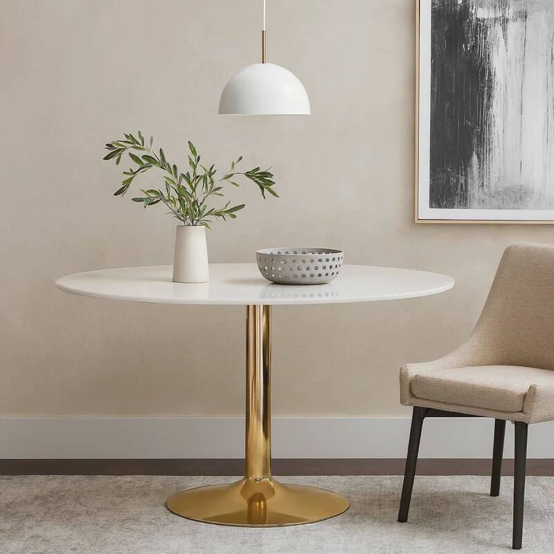 30 Inch Round Marble Top Modern Dining Table, White and Gold
