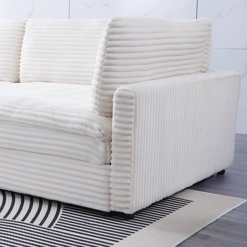 112-inch Beige Corduroy Sofa with Four Seats and Double-layer Cushions