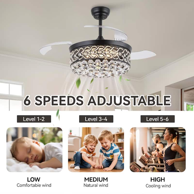 Kviflon 48'' Retractable Ceiling Fan with Lights and Remote 6 Speed, 3 Light Change Retractable Blade Chandelier Ceiling Fan