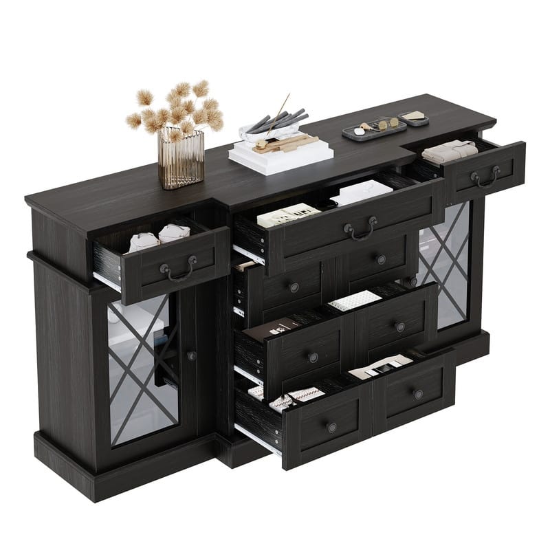 Moasis Farmhouse 59" TV Stands with 9 Drawers and Adjustable Shelves & Tempered Glass Doors