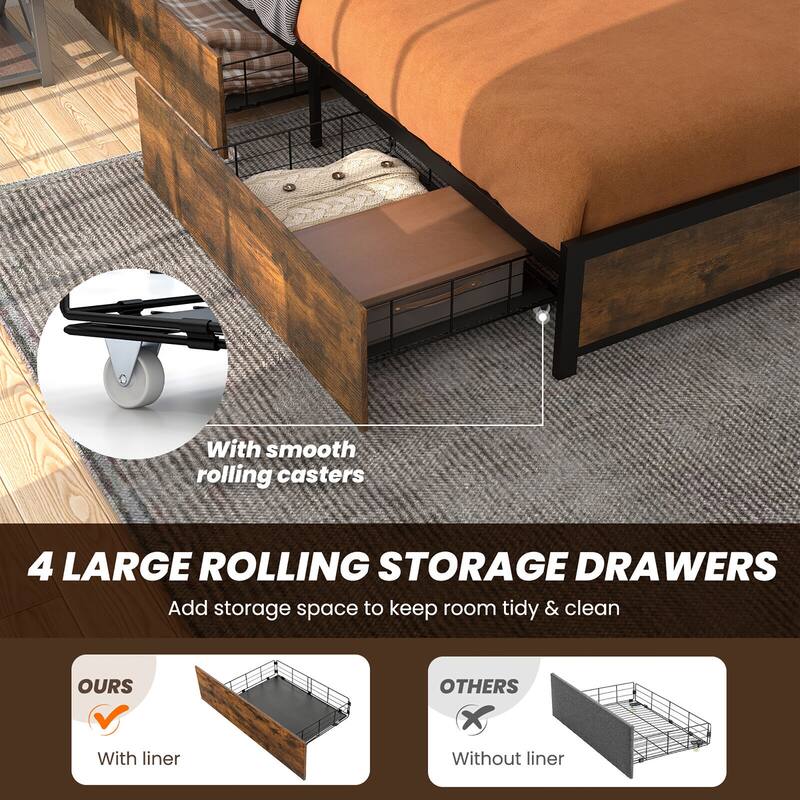Gymax Full/Queen Industrial Platform Bed Frame with Storage Drawers &