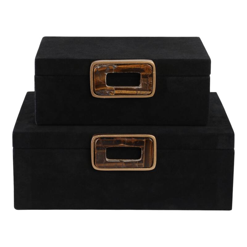 Wood Metal Storage Box Gold Accents (Set of 2) - 4", 5" Black - 14" x 10" x 5"