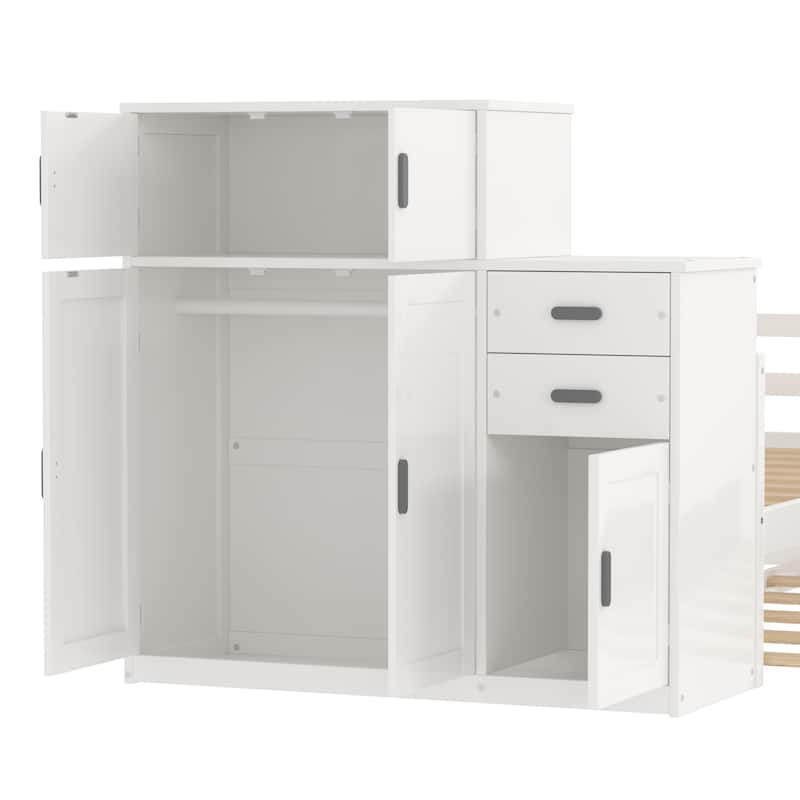 Multifunctional Twin Size Wood Platform Bed with Bookshelf, Wardrobe, and Trundle, White