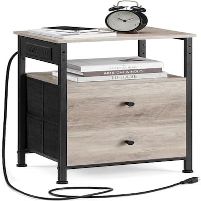 Nightstand with Charging Station Night Stand Side Table with 2 Drawers and 1 Open Shelf