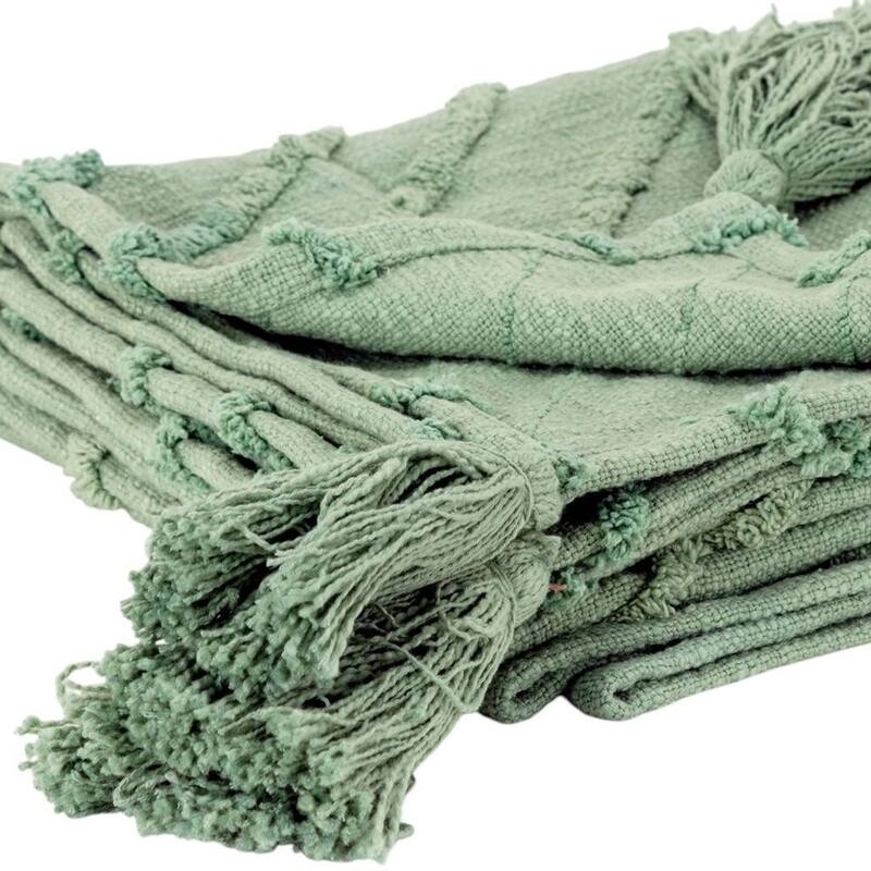 HomeRoots 50" X 60" Green Cotton Woven Geometric Throw Blanket with Tassels