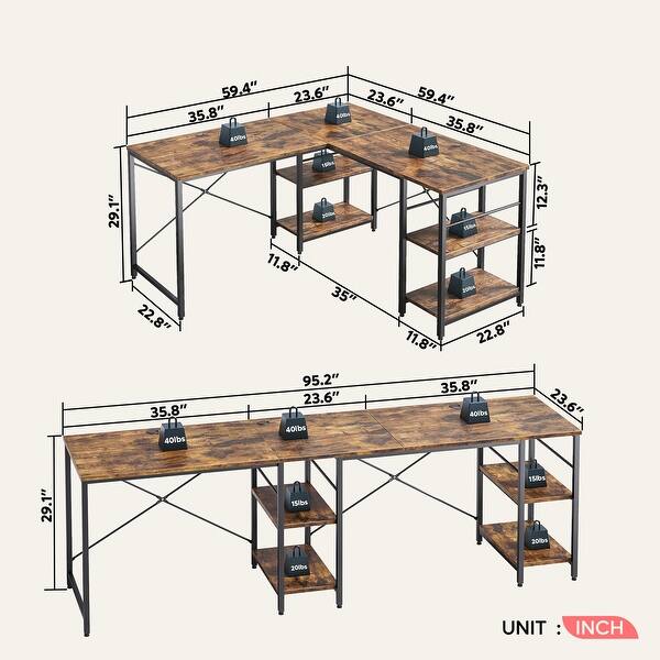 dimension image slide 4 of 9, 95.2 Inch L Shaped Desk with Shelves Home Office Computer Desk