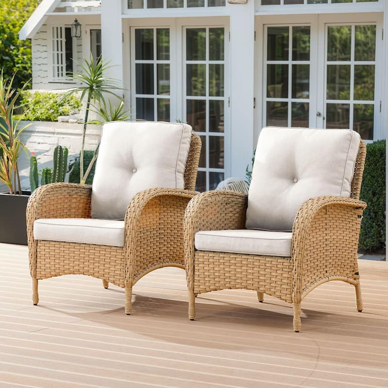 Pocassy Outdoor Wicker Patio Chairs Set - Yellow Wicker Beige Cushion - 2PCS Patio Chairs