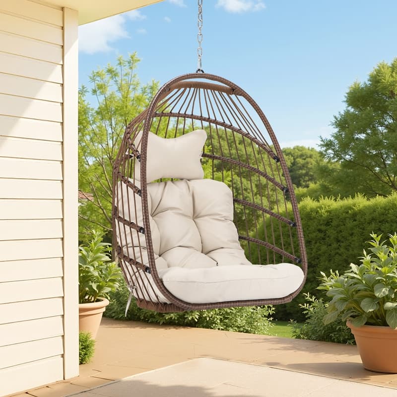 Patio Fordable Hanging Egg Chair Without Stand, 350 lbs Capacity, Outdoor Indoor Wicker Porch Swing Chair with Cushion