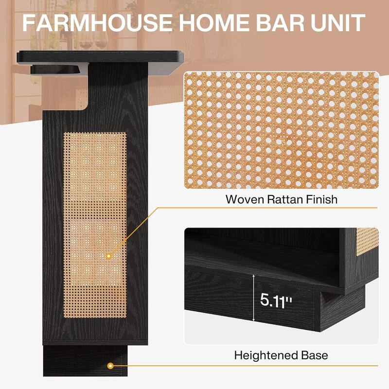 Rattan Home Bar Unit, Farmhouse 4-Tier Bar Table with 4 Stemware Racks