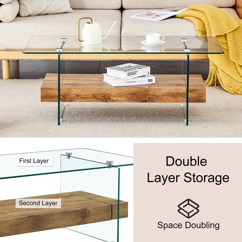 Roomfitters 43.3" Two-Tier Glass Coffee Table with Light Wood Shelf, Side Table or Display Stand