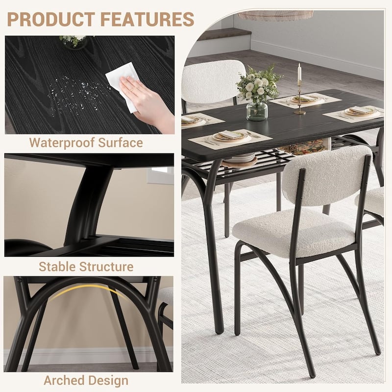 Dining Table Set for 4, with 4 Boucle Chairs and Storage Rack