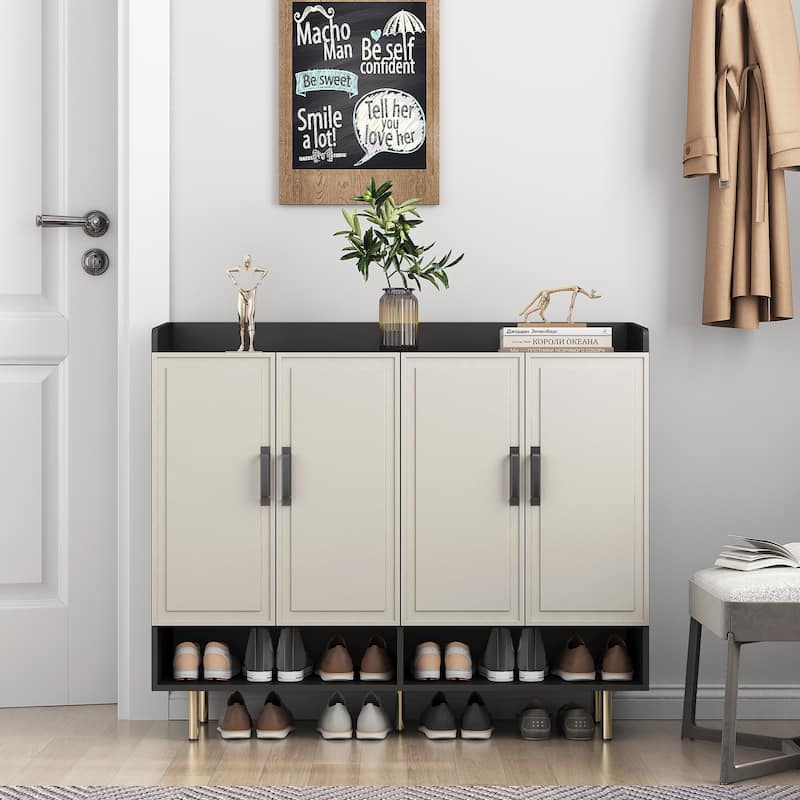 Shoe Cabinet with 4 Doors Large Shoe Storage Organizer Cabinet with Adjustable Shelves Slim Black Shoe Rack Cabinet for Closet - Black