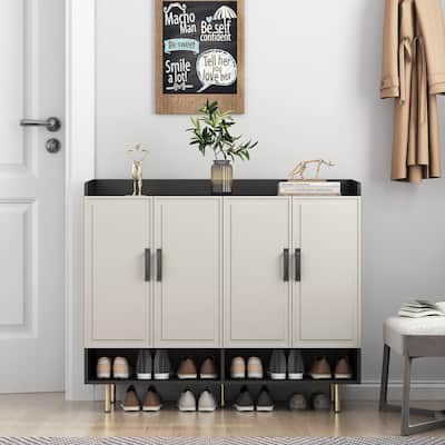 Shoe Cabinet with 4 Doors Large Shoe Storage Organizer Cabinet with Adjustable Shelves Slim Black Shoe Rack Cabinet for Closet