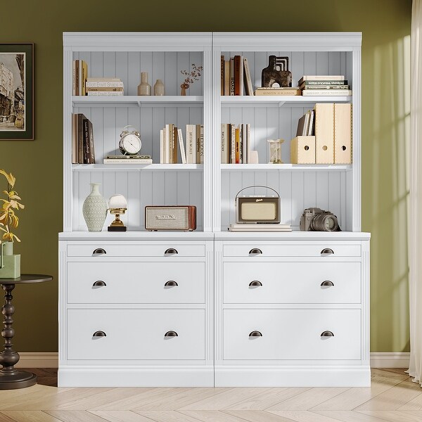 White 83 in Tall Bookshelf with LED Lighting Drawers and