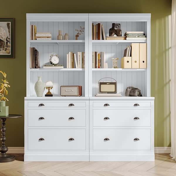 White 83 in Tall Bookshelf with LED Lighting Drawers and Open Shelves  2-Piece Set Storage Bookshelf - Bed Bath & Beyond - 41020528