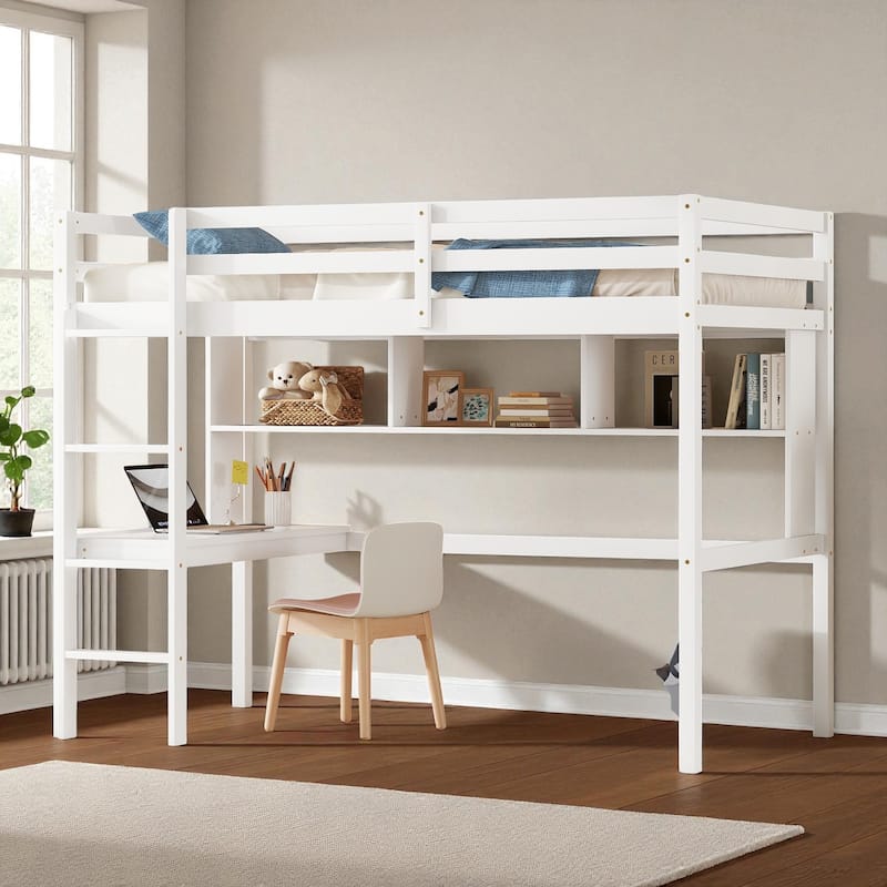 Twin Size Loft Bed with Desk and Shelves, Solid Pine Wood Frame with Guardrails and Built-in Ladder