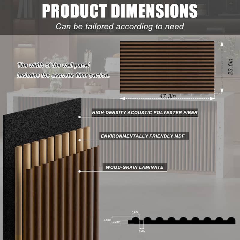 47.3" x 23.6" Half Round Slat Acoustic Wall Panels for Ceiling and Wall Decor, 4-Pack (31 sq ft)