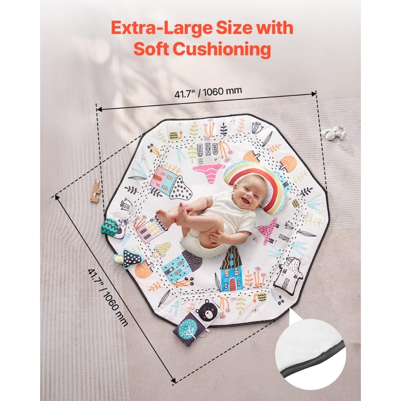 Multi-Color Large Play Area Baby Play Mat with 6 Hanging Sensory Toys and Soft Tummy Pillow - 41.7” x 41.7” x 21.9”