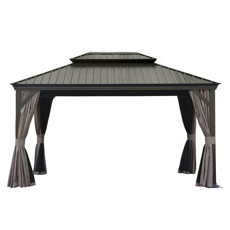 Domi Hardtop Gazebo with Galvanized Steel Double Roof and Aluminum Frame - 12'x12' - Dark Brown