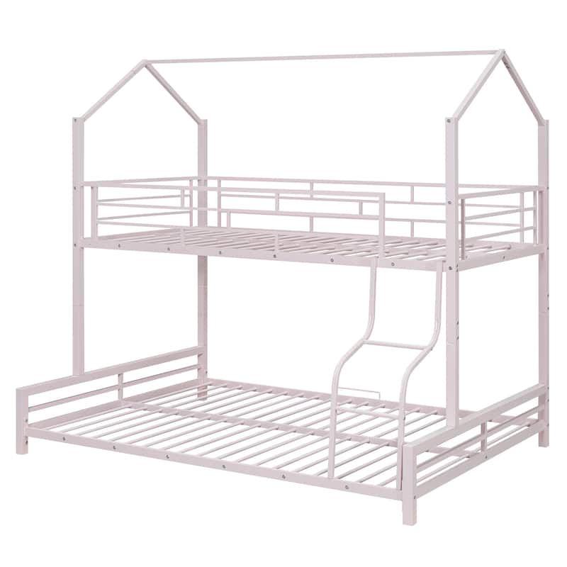 Twin Over Full Kids Heavy Metal House Low Bunk Bed, Convertible Floor Bunk Bed Frame with Full-Length Guardrail and Ladder