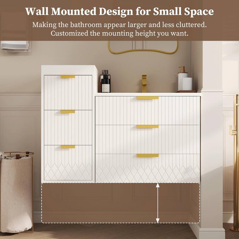 24-inch Wall-Mounted Floating Cabinet with Double Drawer, Rectangular Vanity Sink