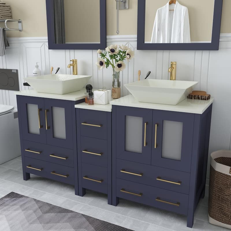 Vanity Art 60" Double Sink Bathroom Vanity Set with Engineered Marble Top and Free Mirror - 60 W X 18.5 D X 31.1 H