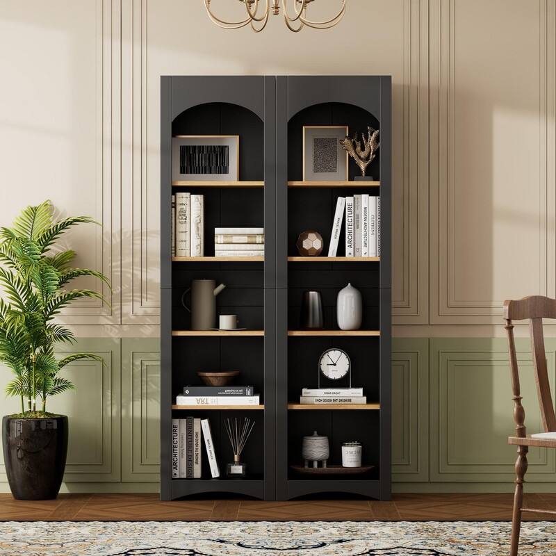 Farmhouse Free Standing 5 Tier Bookshelves Set of 2 with Adjustable Shelves for Versatile Storage - Black