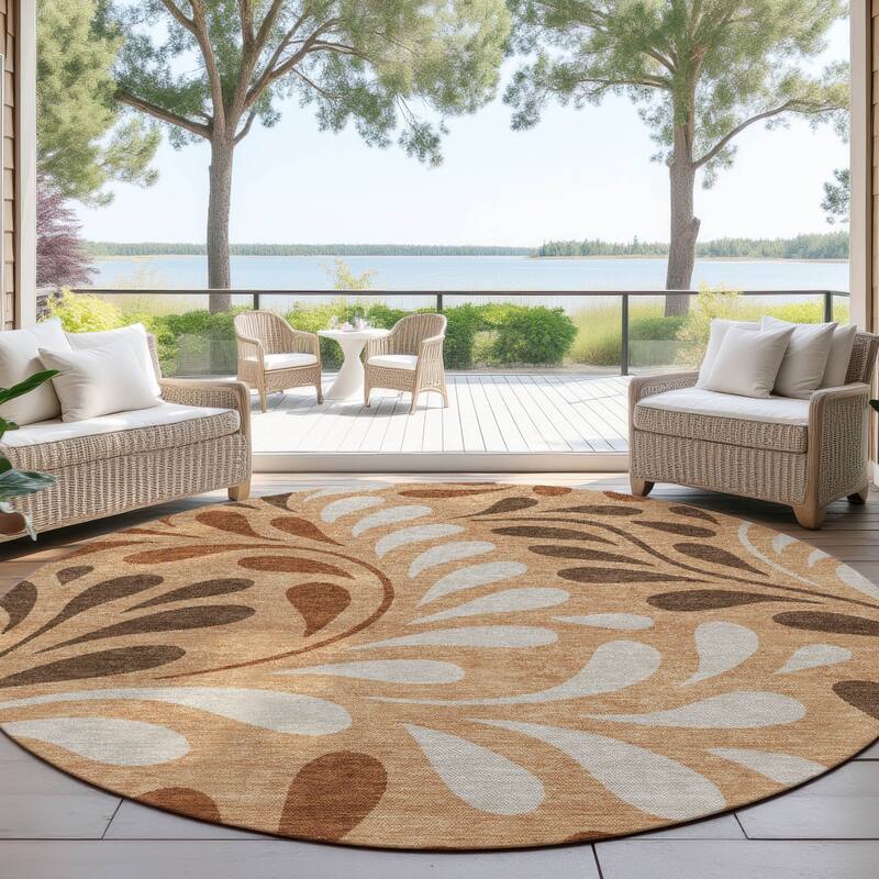 Machine Washable Indoor/ Outdoor Floral Arabesque Chantille Rug - Copper - 8' x 8'