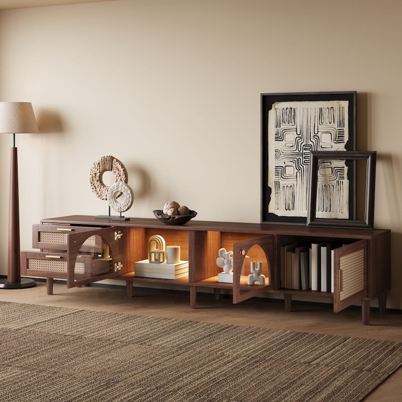 86 inch TV Stand for TVs up to 90", Entertainment Center with App Controlled LED Lights, 2 Drawers & Glass Door Storage