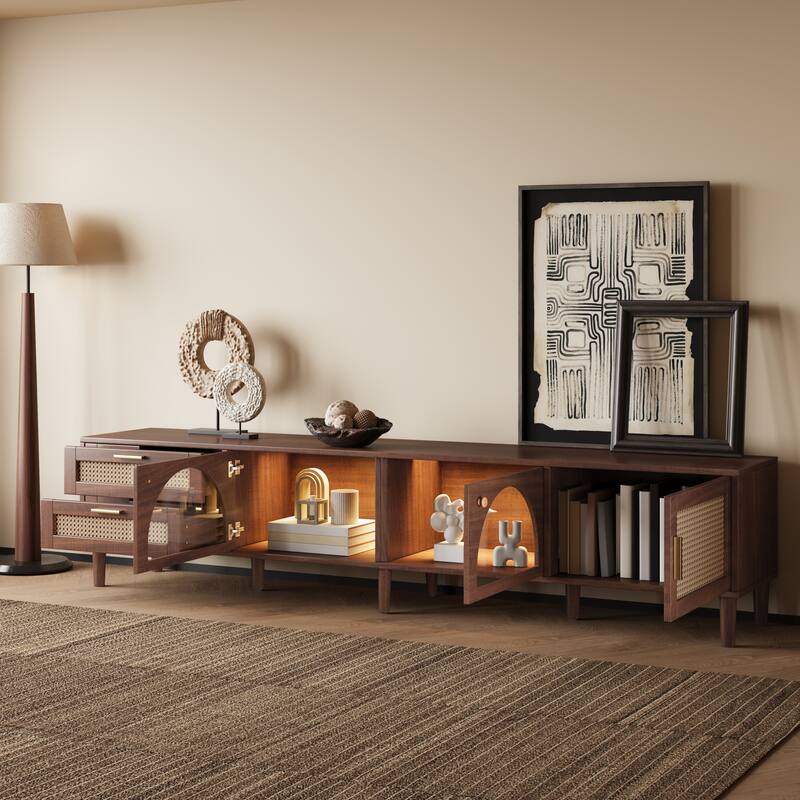 Smart 86 inch TV Stand with App Controlled LED Lights, Entertainment Center for 90" TVs, 2 Drawers & Glass Door