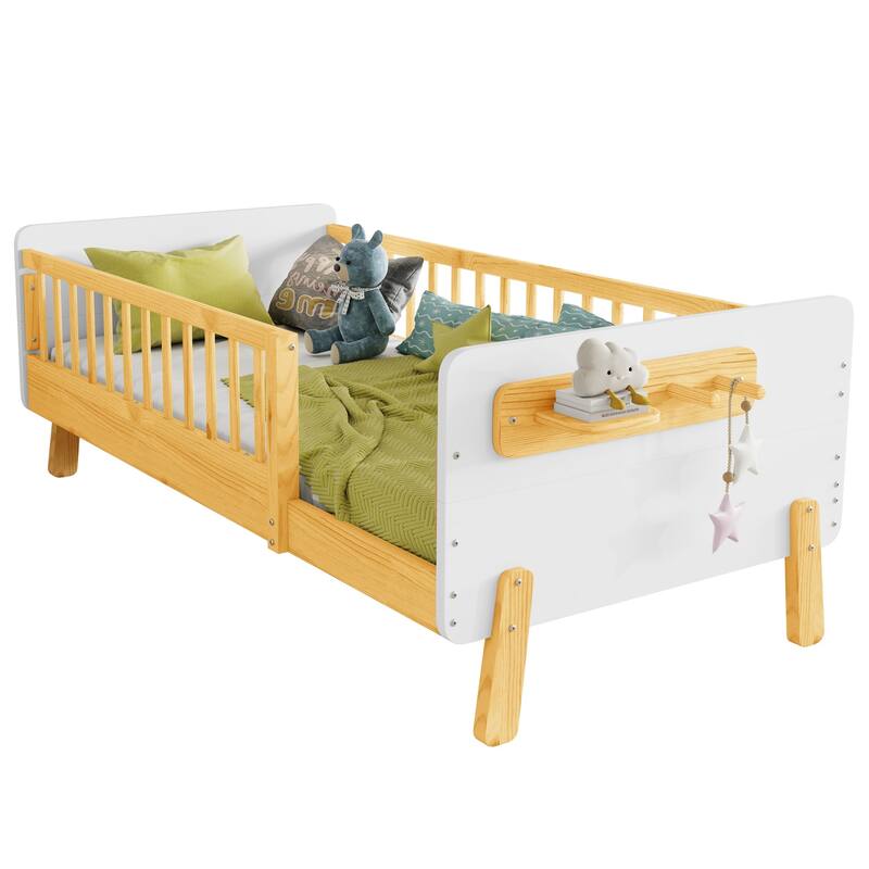 Kids Wood Platform Bed with Guardrails, Bottle Holder and 2 Hanging Rod, Convertible Toddler Daybed, Low Profile Design Frame