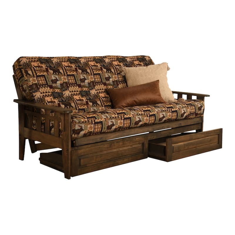 Somette Tucson Full Size Futon Set in Rustic Walnut Finish with Storage Drawers and Mattress